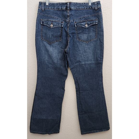 Coldwater Creek Blue Black Leather "Braided Look" Seams Jeans 14P Lightweight - Picture 4 of 7